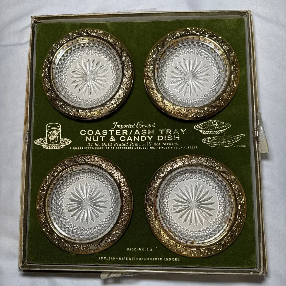VTG Astorloid 24K Gold Plated Crystal Coasters Ashtrays Nut Dishes 4.5